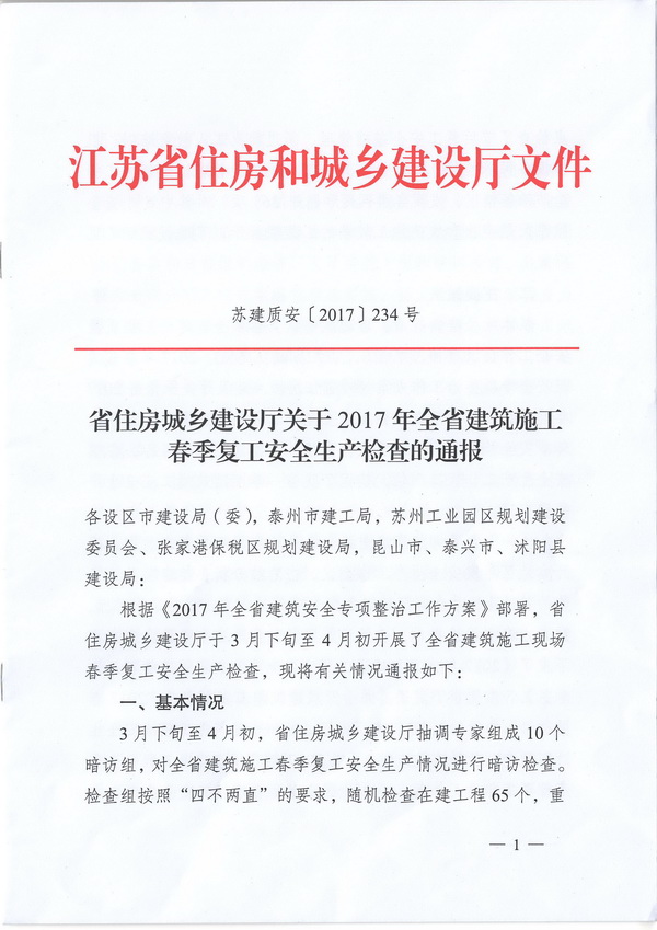 西渚花苑一期項目土建及安裝工程（二標(biāo)段）2017年節(jié)后復(fù)工檢查獲江蘇省建設(shè)廳通報表揚